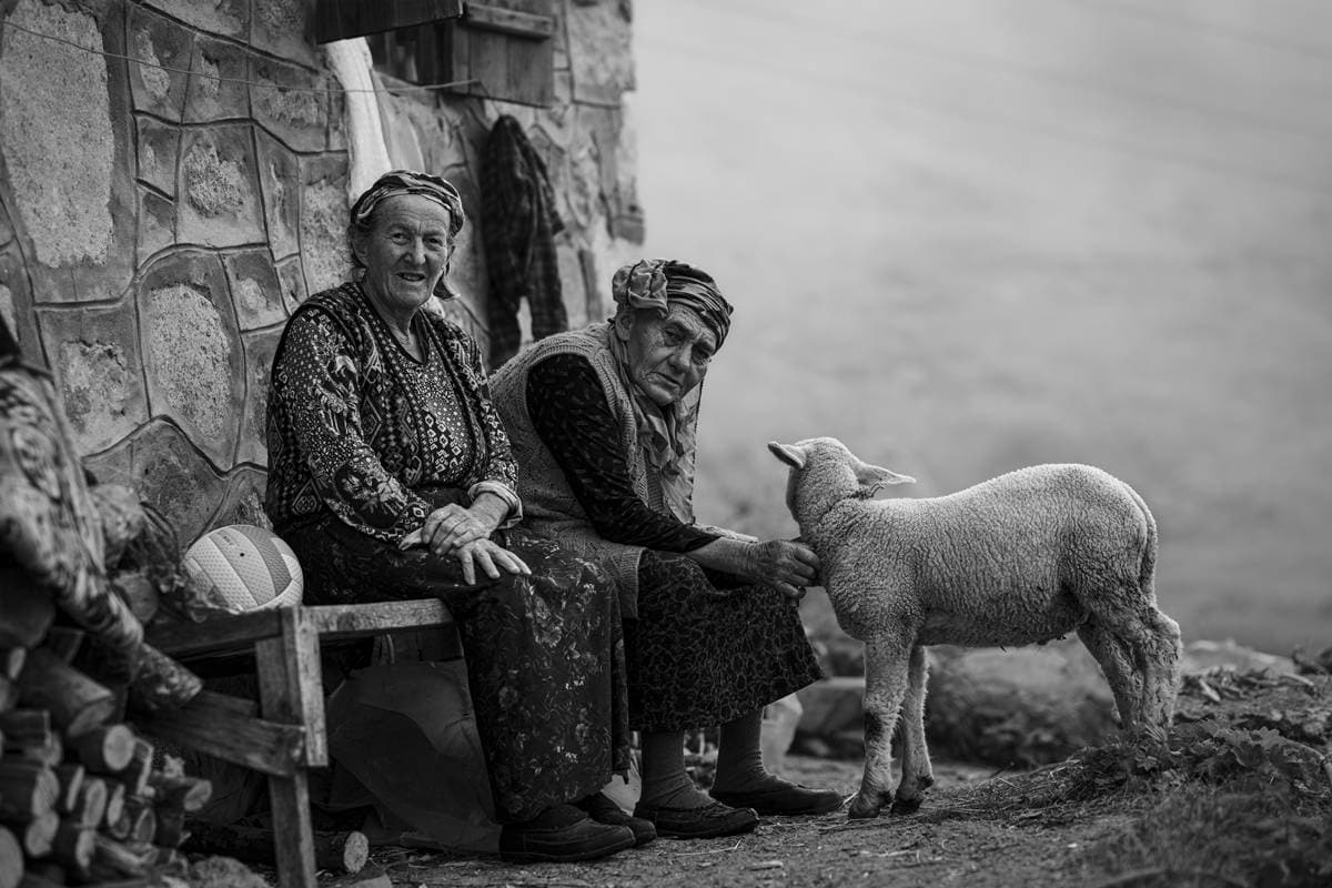 Two women seated near a stone wall beside a lamb