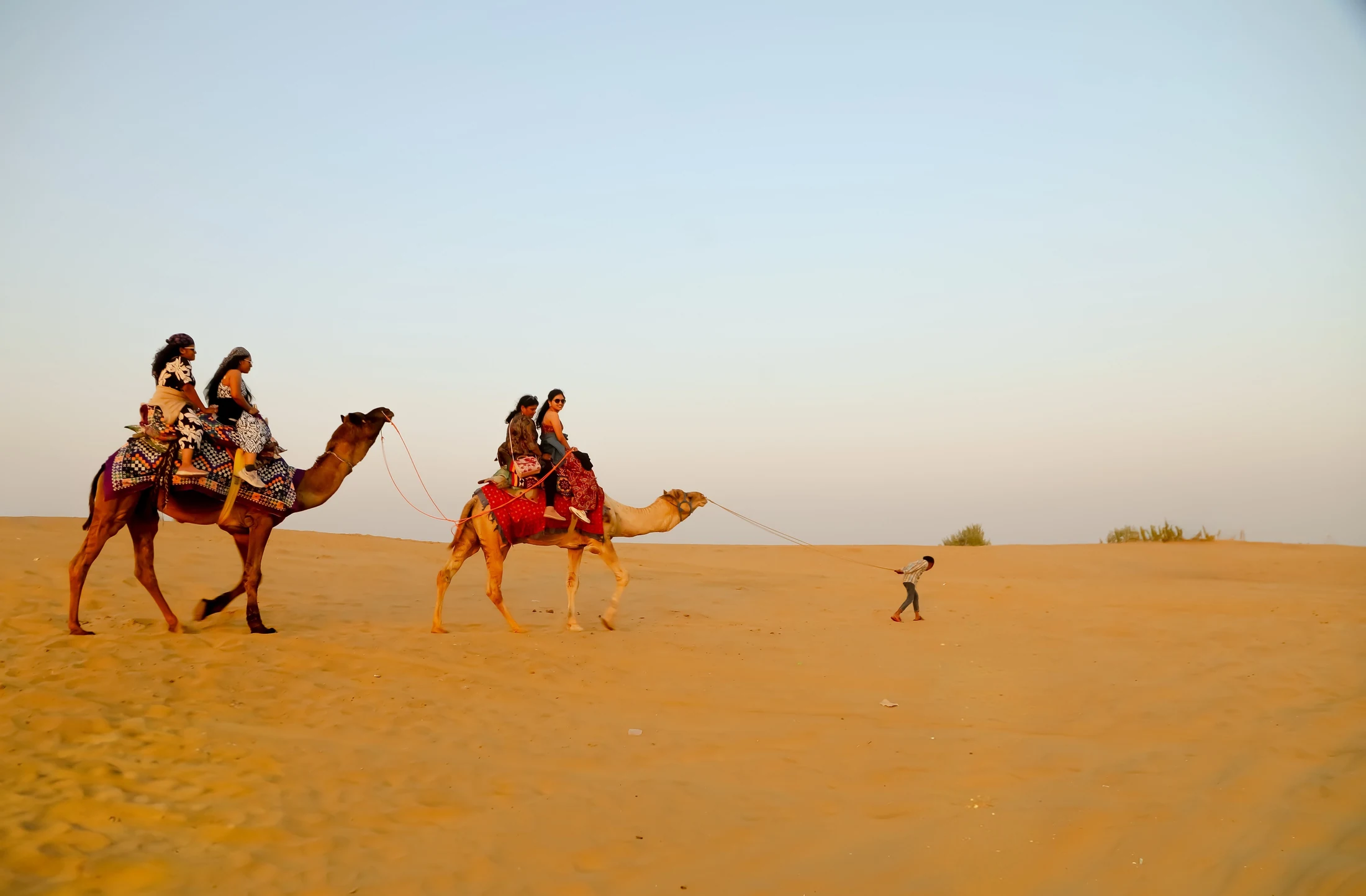 Camel riders crossing a warm desert landscape, photographed by Priya Ojha